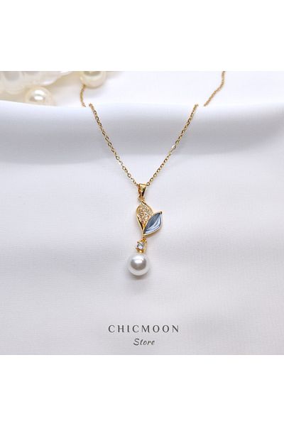 CHICMOON STORE Steel Stone Pearl Leaf Necklace