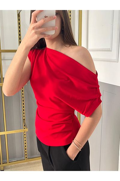 peri tower Drape/ Shirring Detail Flowy Asymmetrical Neckline Knitted Crepe Fabric Blouse