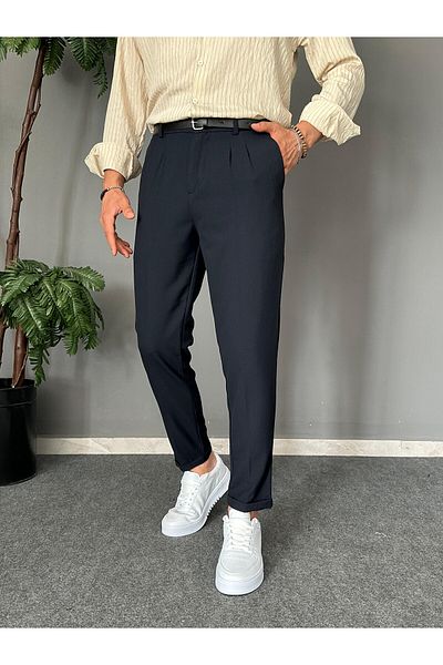 THEMANN Belted Double Leg Pleated Navy Blue Italian Trousers