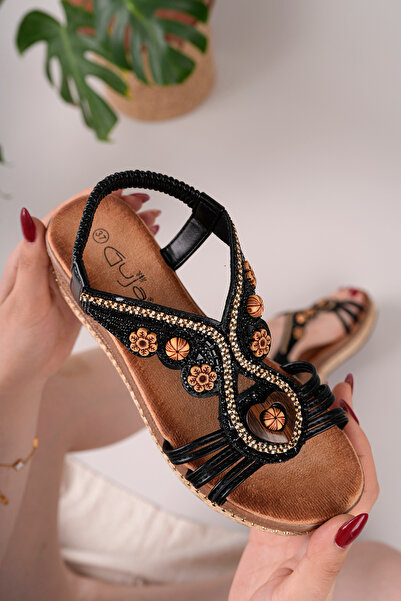 Guja Kadın Siyah Boncuklu Hasır Taban Şık Sandalet