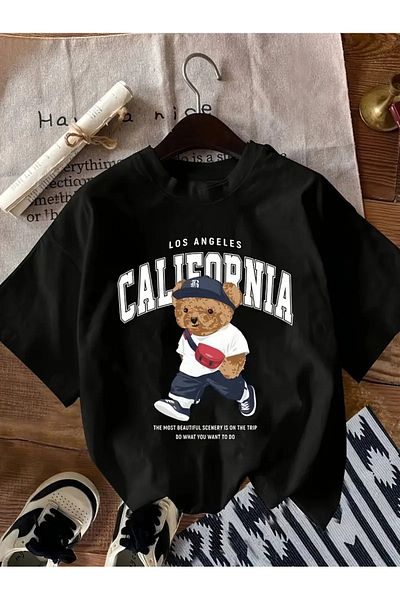 QUEENSTOWN Μπλουζάκι Unisex Teddy Bear California με στάμπα με λαιμόκοψη μεγάλου μεγέθους