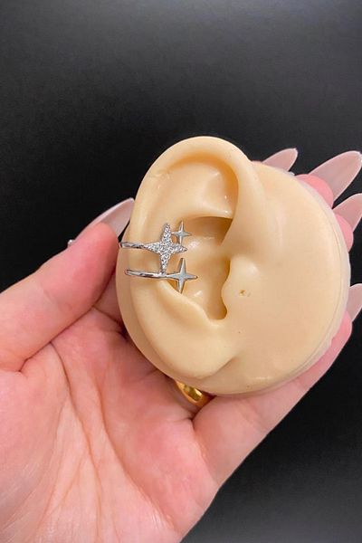 Blisse Piercing Silver Color North Star Figured Zircon Stone Steel Ear Cuff Cartilage Earrings – Compression, Non-Pierced