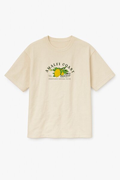 Altair Tr تي شيرت للجنسين مطبوع عليه ليمون أمالفي كوست مقاس كبير باللون البيج