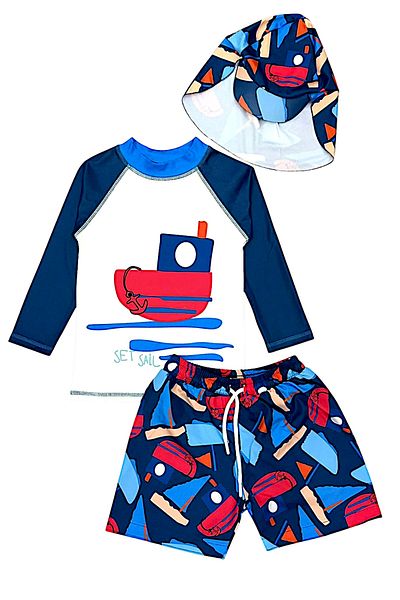 Lolliboomkids Costum de baie pentru băiat cu mânecă lungă, cu pălărie de șanț, cu model de dinozaur, pantaloni scurți de baie