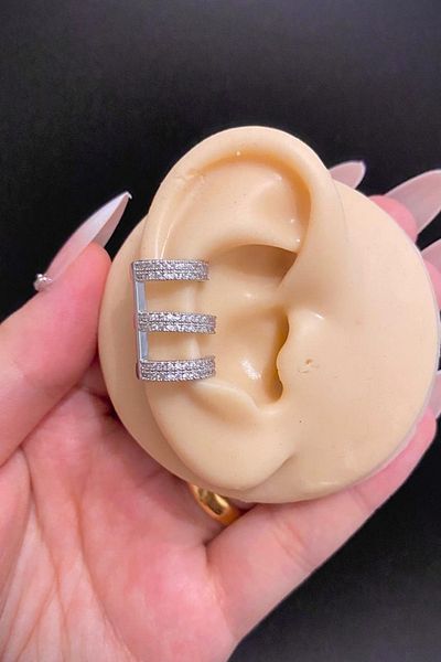 Blisse Piercing Silver Color 3 Row Look Zircon Stone Ear Cuff Cartilage Earrings – Compression, Steel, Non-Perforated