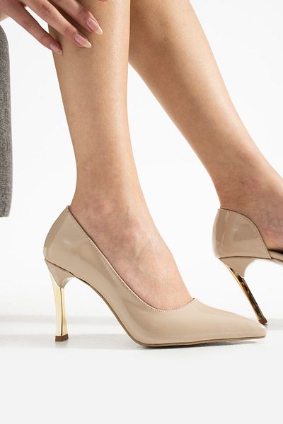 Parparastil Orpny Beige Patent Leather Women's Stiletto Gold 9cm Heels Women's High Heels