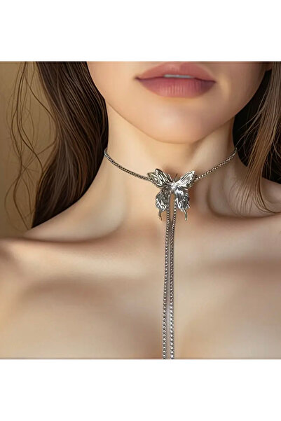 NISHPOINT GÜMÜŞ RENGİ KELEBEK MODEL ZİNCİRLİ CHOCKER KOLYE