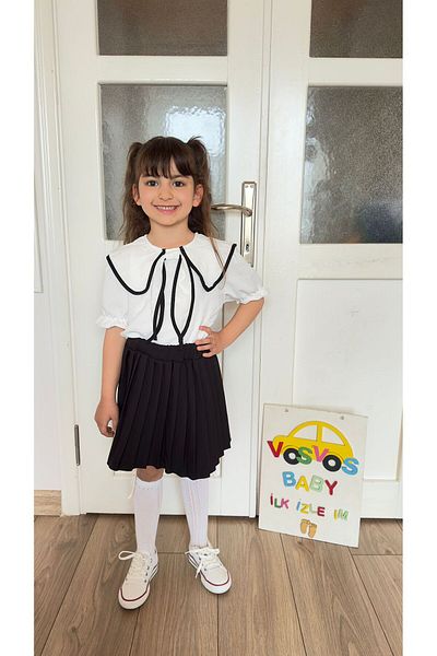 VOSVOSBABYSTORE Black Bow Blouse & Pleated Skirt Set