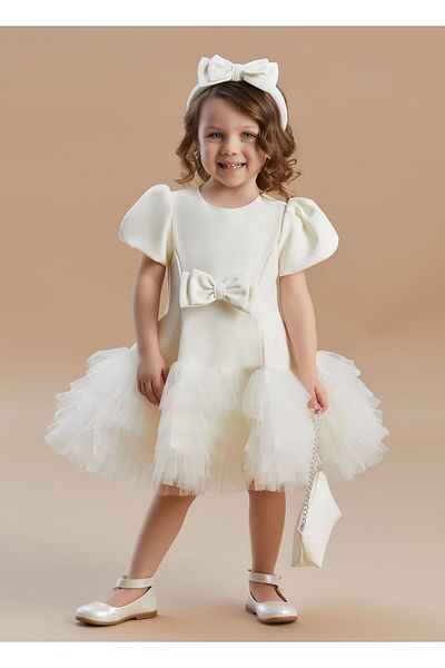 SIRRI Girl's Layered Tulle Ecru Dress - Crown and Bag Included 1-6 Years