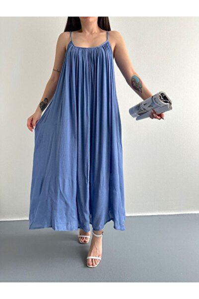 Ekim Store İp Askılı Pileli Keten Maxi Elbise