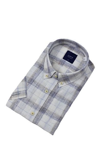 KAMER Men's Classic Plaid Short Sleeve Shirt Cotton Linen 9339 Bgl-St04586