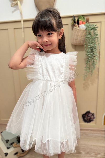 penu baby kids Λευκό τούλι Λεπτομερές αμάνικο βρεφικό φόρεμα