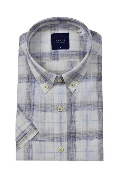 KAMER Men's Classic Plaid Short Sleeve Shirt Cotton Linen 9339 Bgl-St04586