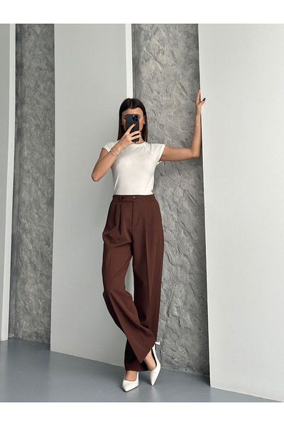 A&O Style Women's Double Button Lycra Brown Palazzo Trousers