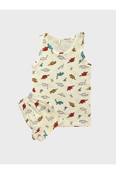 elmas kids Boy's Cotton Ecru Color Dinosaur Patterned Athlete Boxer Set
