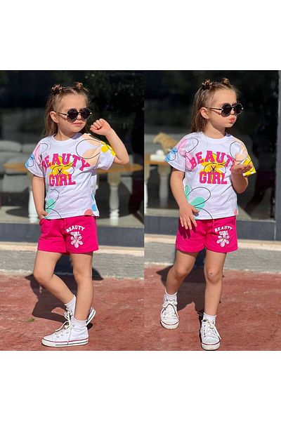 sinmm Girl's Beauty Girl Printed T-Shirt and Shorts Set (Fuchsia Shorts)