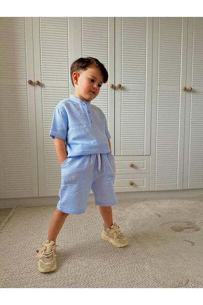 MİO Costum cămașă pentru băiat, cu pantaloni scurți din bumbac, cu croiala relaxată de vară