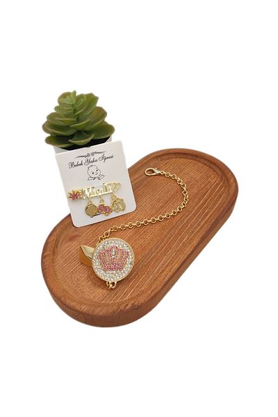 Serap Yılmaz Sahi Plated Crystal Stone Baby Pacifier Chain and Lapel Pin Set (0-6 Months) - 0323