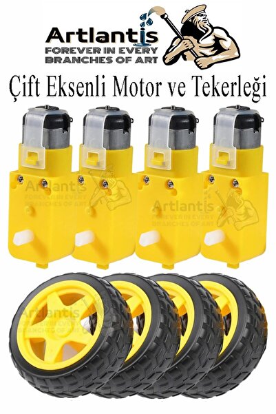 Artlantis Çift Eksenli Motor 4 Adet ve Tekerlek 4 Adet Sarı Dc Motor Arduino ...