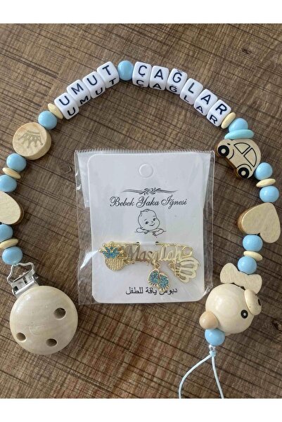 Serap Yılmaz Sahi Isimli Ahşap Boncuklu Bebek Emzik Zinciri ve Yaka İğne Seti...