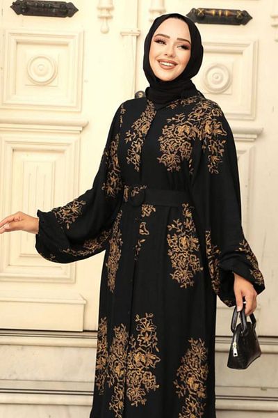 Kirazca Butik Women's Ethnic Patterned Belted Hijab Dress