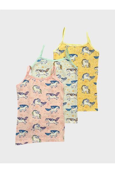 elmas kids Girl's Cotton Yellow Pink Unicorn Patterned 3-Piece Undershirt Set
