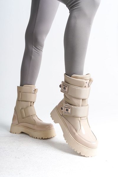 Joy Ayakkabı ELISA Velcro Parachute Fabric Patent Leather Γυναικείες Μπότες KT - Κρέμα