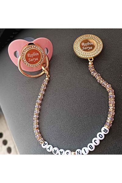 Serap Yılmaz Sahi Coated Pink Crystal Stone Silicone Palate Baby Pacifier Set (0-6 Months) - 0422
