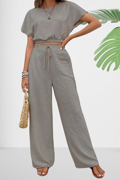 Ferhatlı Women's Summer Linen Crinkle Fabric Short Sleeve Crop 2-Piece Blouse Wrap Suit