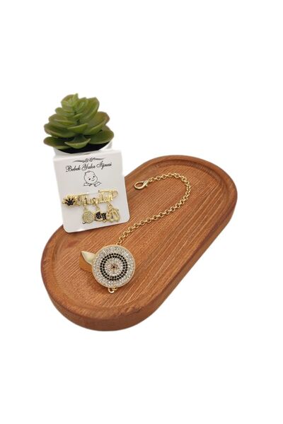 Serap Yılmaz Sahi Plated Crystal Stone Baby Pacifier Chain and Lapel Pin Set ...