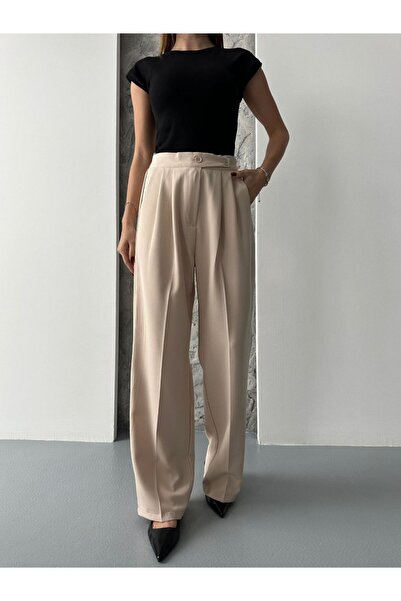 A&O Style Γυναικείο παντελόνι Palazzo Cream Lycra με διπλό κουμπί