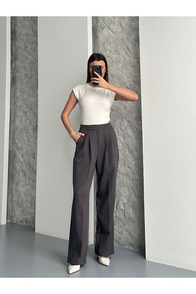 A&O Style Women's Double Button Lycra Anthracite Palazzo Trousers