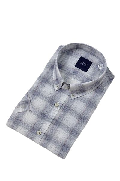 KAMER Men's Classic Plaid Short Sleeve Shirt Cotton Linen 9486 Bgl-St04584
