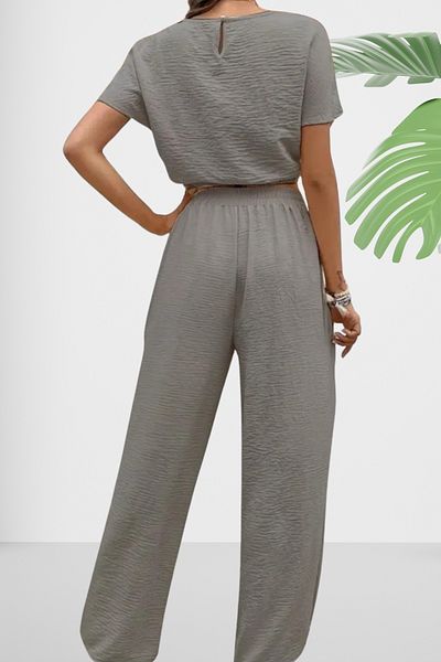 Ferhatlı Women's Summer Linen Crinkle Fabric Short Sleeve Crop 2-Piece Blouse Wrap Suit