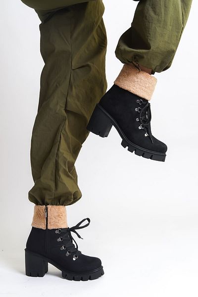 Joy Ayakkabı EMMA Lace Up Ορθοπεδική Σόλα με φερμουάρ Γούνα Λεπτομερείς Suede Γυναικείες Μπότες ST - Μαύρο