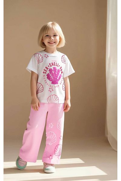 MİO Girl's Cotton Embossed T-Shirt and Pink Patterned Sweatpants Set