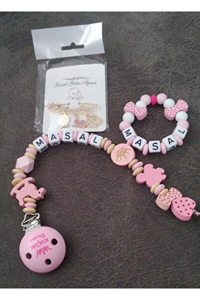 Serap Yılmaz Sahi Isimli Ahşap Boncuklu Bebek Emzik Zinciri ve Bebek Bileklik Yaka İğne Seti - TYSYSH0063