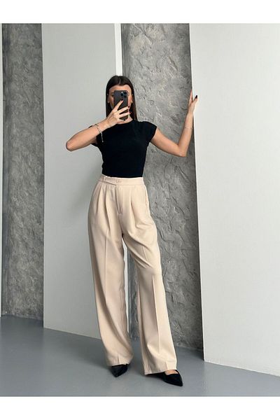 A&O Style Women's Double Button Lycra Cream Palazzo Trousers