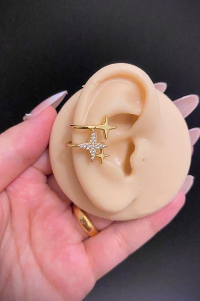 Blisse Piercing Gold Color North Star Figured Zircon Stone Steel Ear Cuff Cartilage Earrings – Compression, Non-Pierced