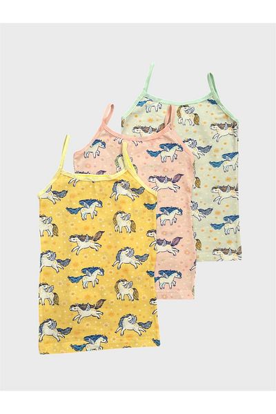 elmas kids Girl's Cotton Yellow Pink Unicorn Patterned 3-Piece Undershirt Set