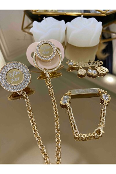 Serap Yılmaz Sahi Isimli Krem Renkli Taşlı Silikon Damaklı Bebek Emzik Zinciri Ve Künye Seti (0-6 AY) - Tysysh0128