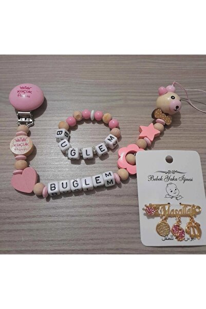 Serap Yılmaz Sahi Isimli Ahşap Boncuklu Bebek Emzik Zinciri ve Bebek Bileklik Yaka İğne Seti - TYSYSH0067