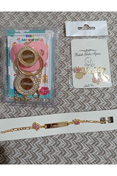 Serap Yılmaz Sahi Isimli Pembe Zirkon Taşlı Silikon Bebek Emzik Ve Isimli Künye Iğne Seti 0-6 Ay - 0080