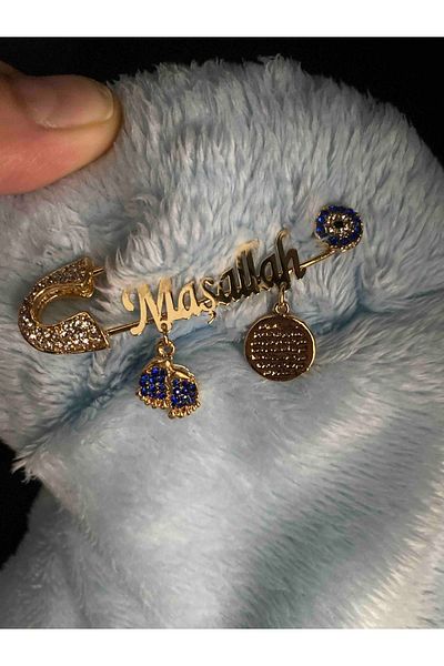 Serap Yılmaz Sahi Coating Mashallah Written Blue Stone Baby Lapel Pin 5 cm Tysysh0111