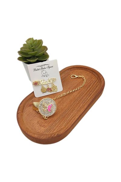 Serap Yılmaz Sahi Plated Crystal Stone Baby Pacifier Chain and Collar Pin Set - 0413