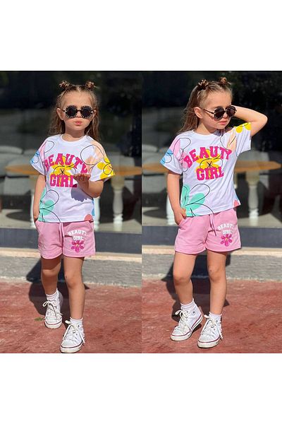 sinmm Girl's Beauty Girl Printed T-Shirt and Shorts Set (Pink Shorts)