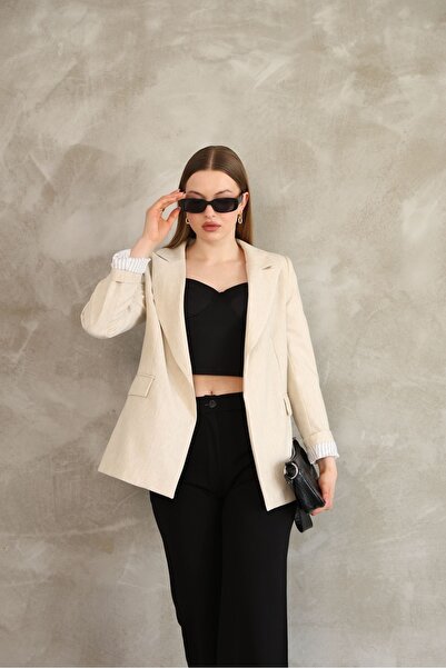 Ekim Store Keten İç Astarlı Çizgili Blazer Ceket