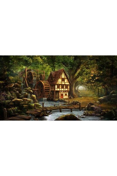 ve Tablou Canvas, Padure, Moara de apa, Cabana, 90 x 50 cm, Rama lemn, Multic...