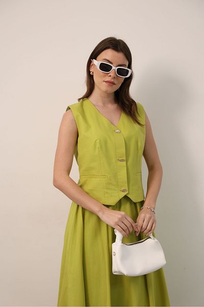 Ekim Store Linen Buttoned Double Breasted Blazer Vest and Skirt Suit
