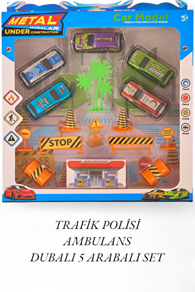 BRN Oyuncak 5 Arabalı Eğitici Metal ve Ambulanslı Yol İşaretli Eğitici Oyunca...